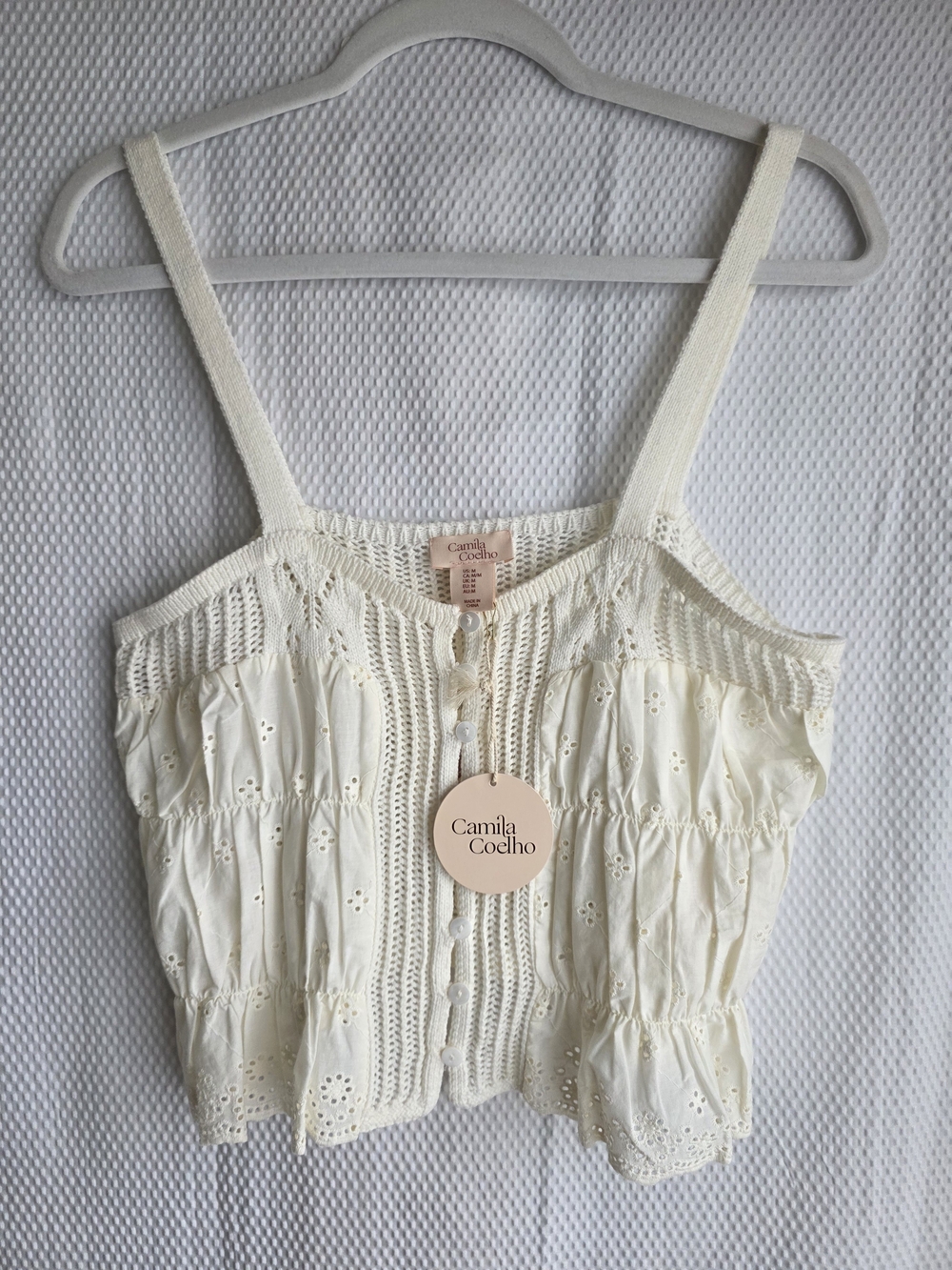 Camila Coelho Cream Eyelet Crochet Crop Tank